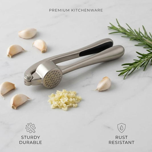 Korakuna Premium Stainless Steel Garlic Press Set - Ergonomic Professional Garlic Crusher with Silicone Peeler and Cleaning Brush - Rust-Proof & Dishwasher Safe