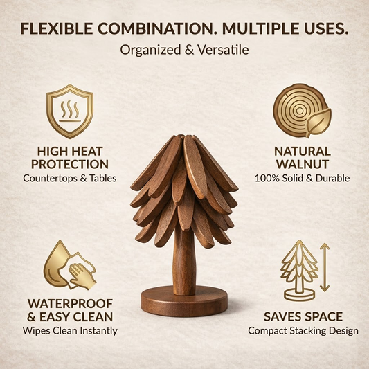 Korakuna Handcrafted Walnut Wood Tree Trivet Set - Foldable 4-Layer Heat Resistant Hot Pads with Vertical Storage Stand