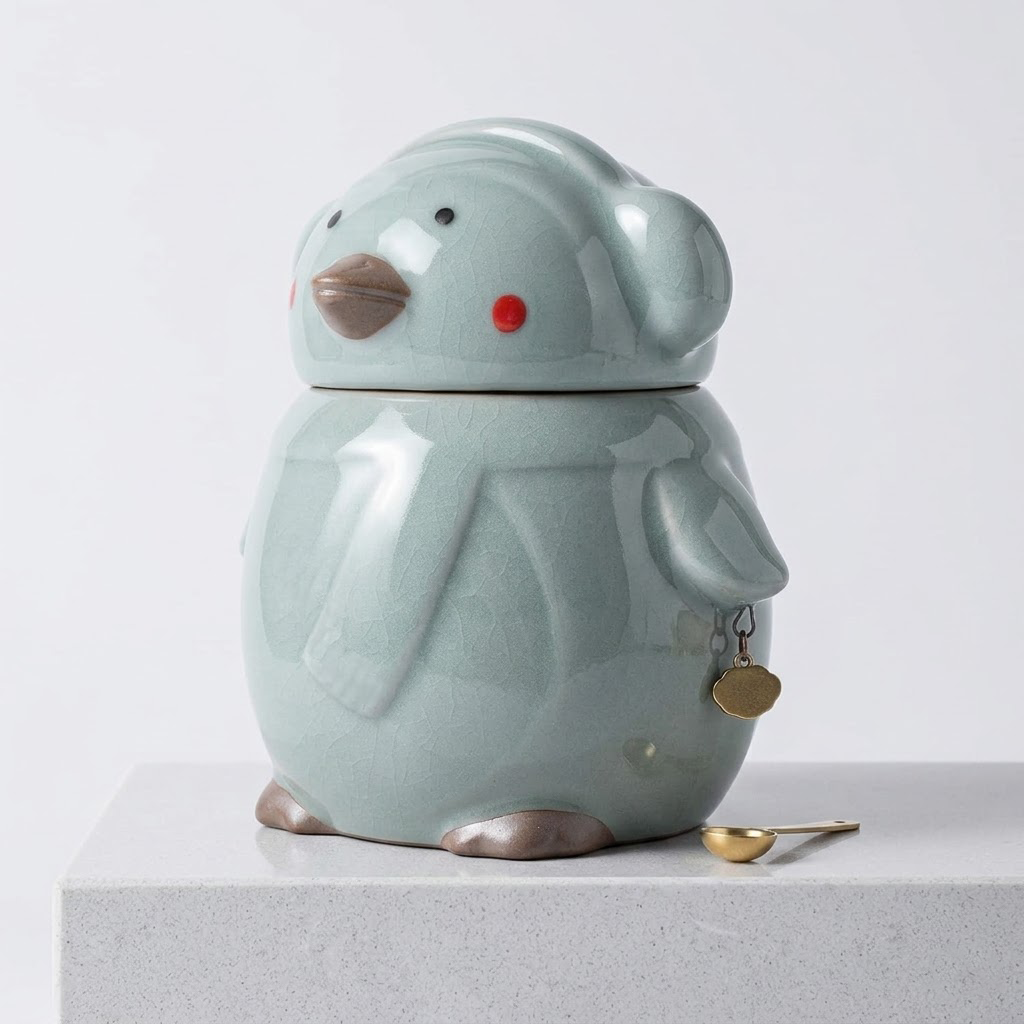 Korakuna Cute Penguin Ceramic Tea Caddy, Airtight Porcelain Tea Canister with Sealing Lid, Creative Cartoon Loose Leaf Tea Storage Jar for Home & Office Kitchen Decor