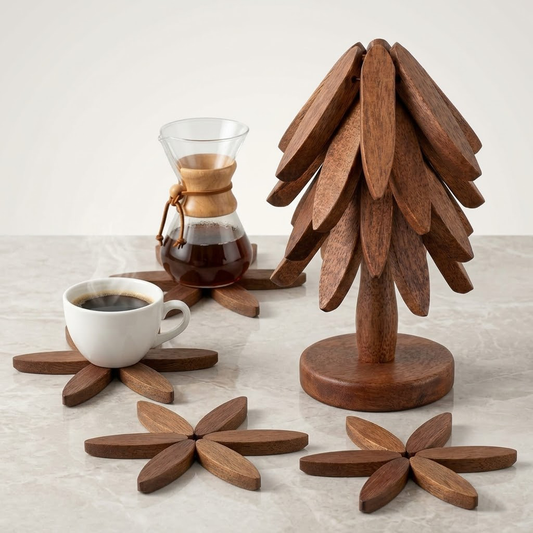 Korakuna Handcrafted Walnut Wood Tree Trivet Set - Foldable 4-Layer Heat Resistant Hot Pads with Vertical Storage Stand