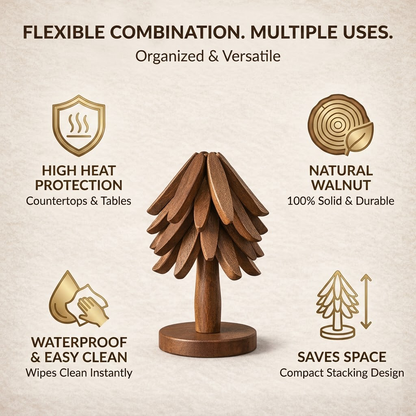 Korakuna Handcrafted Walnut Wood Tree Trivet Set - Foldable 4-Layer Heat Resistant Hot Pads with Vertical Storage Stand