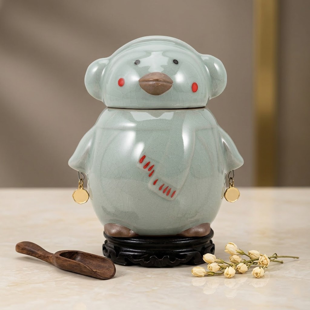 Korakuna Cute Penguin Ceramic Tea Caddy, Airtight Porcelain Tea Canister with Sealing Lid, Creative Cartoon Loose Leaf Tea Storage Jar for Home & Office Kitchen Decor