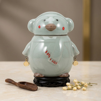 Korakuna Cute Penguin Ceramic Tea Caddy, Airtight Porcelain Tea Canister with Sealing Lid, Creative Cartoon Loose Leaf Tea Storage Jar for Home & Office Kitchen Decor