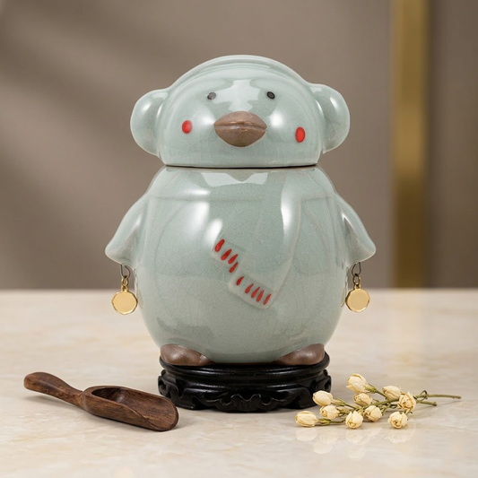 Korakuna Cute Penguin Ceramic Tea Caddy, Airtight Porcelain Tea Canister with Sealing Lid, Creative Cartoon Loose Leaf Tea Storage Jar for Home & Office Kitchen Decor