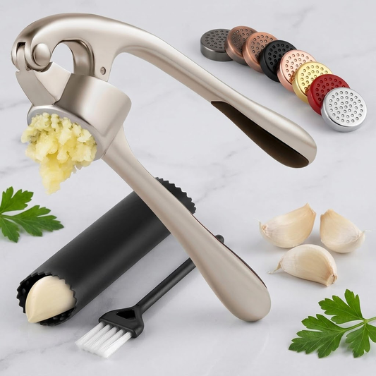 Korakuna Premium Stainless Steel Garlic Press Set - Ergonomic Professional Garlic Crusher with Silicone Peeler and Cleaning Brush - Rust-Proof & Dishwasher Safe